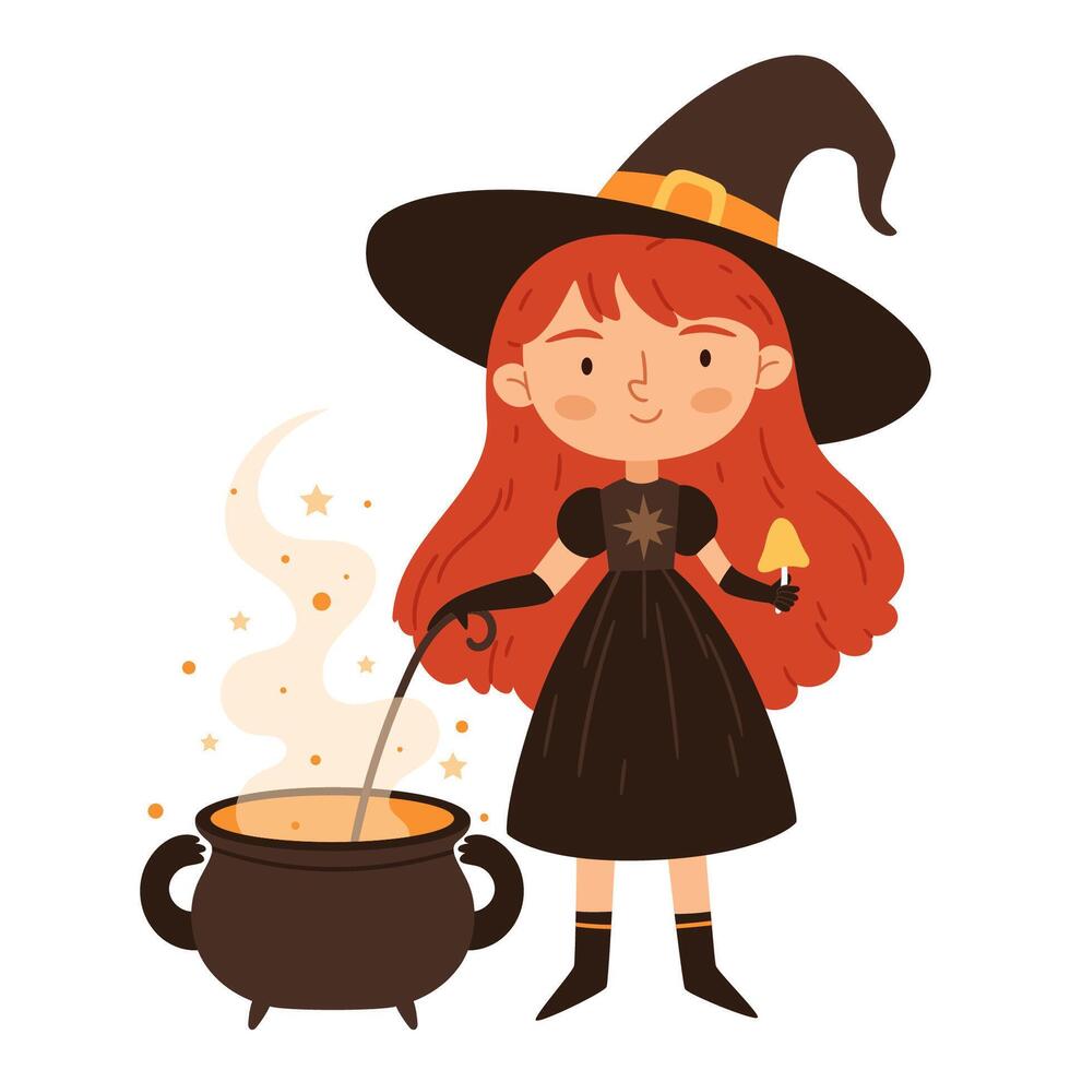 Cute red-haired witch is brewing a potion in a cauldron and holding a mushroom in her hand. Cute mystical illustration for Halloween. vector