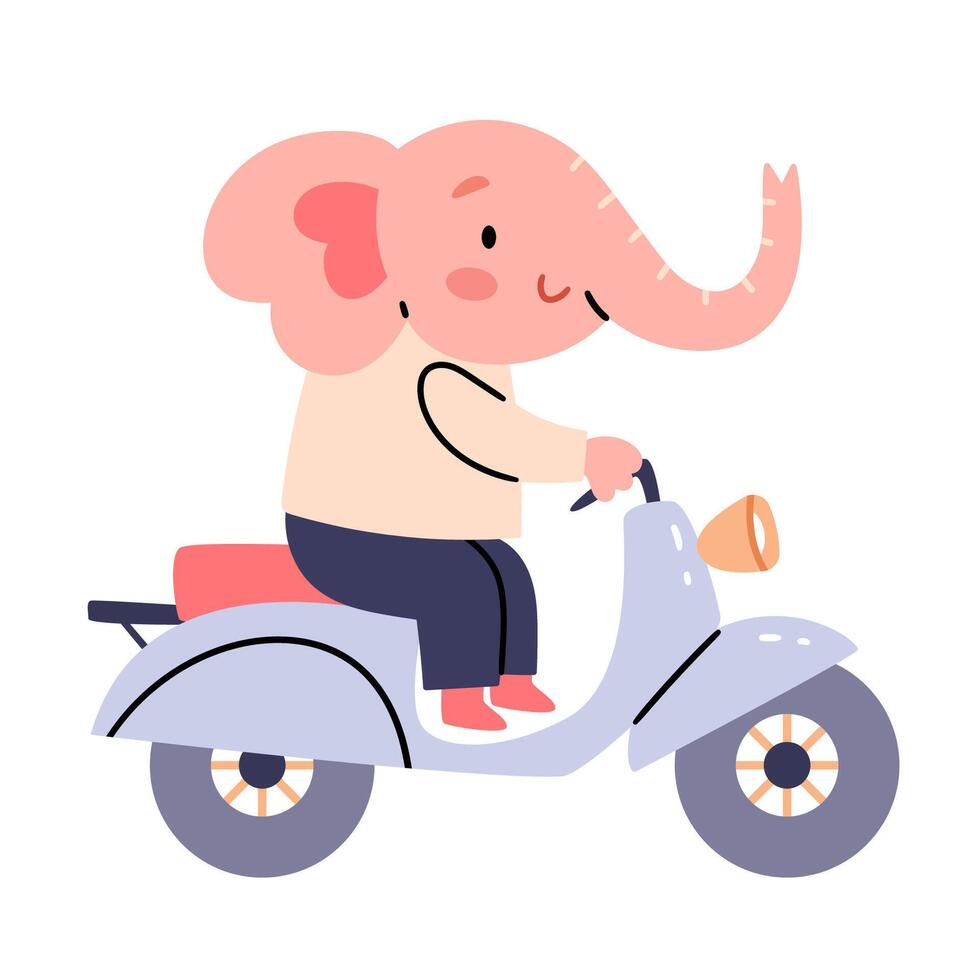 Elephant on a moped in a minimal, realistic flat style. Children's character. vector