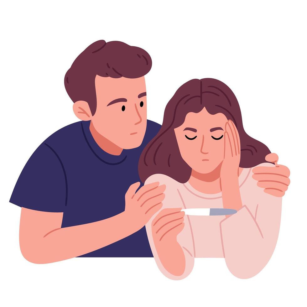 Infertility. Sad woman and man looking at negative pregnancy test. Infertile couple, fertility problem, trouble conceiving. vector