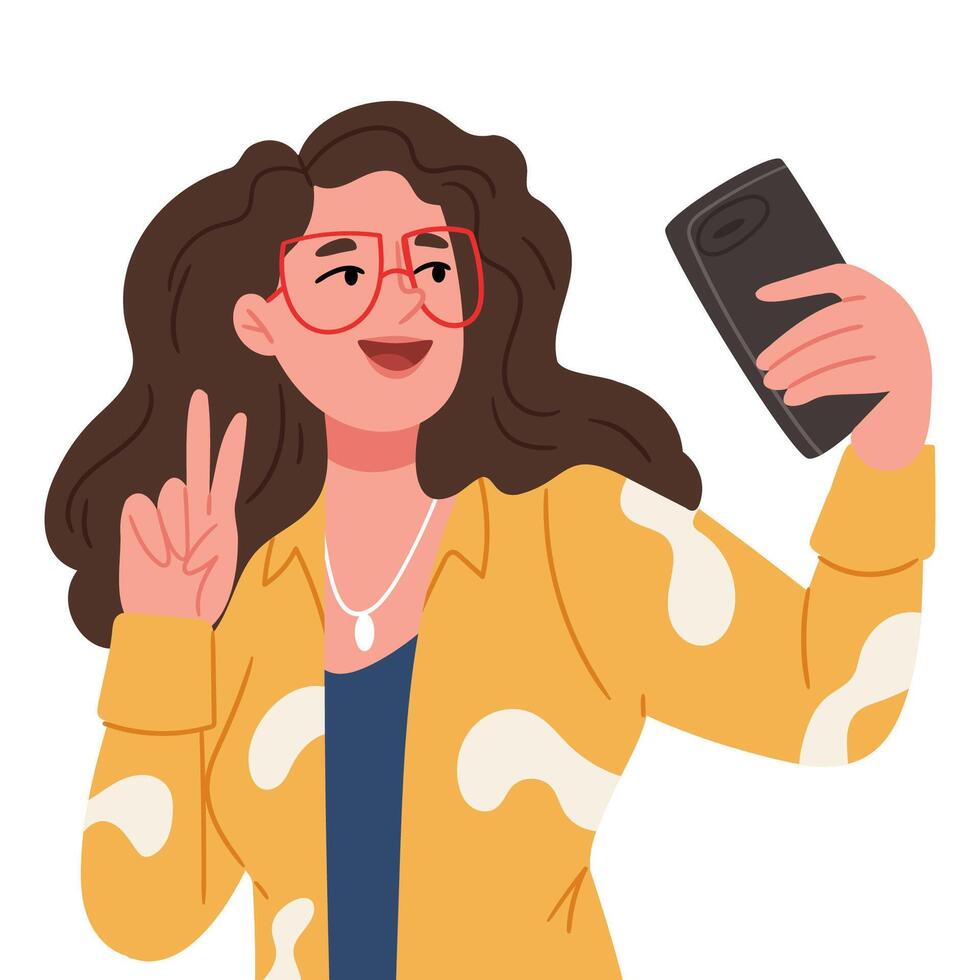 A girl in bright clothes takes a selfie. Young person using cellphone camera. vector