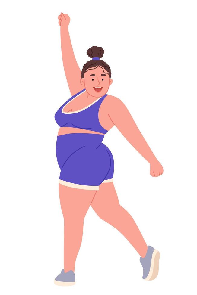 Happy plus size girl doing sports in sportswear.Pretty confident body-positive female character with plump figure. vector
