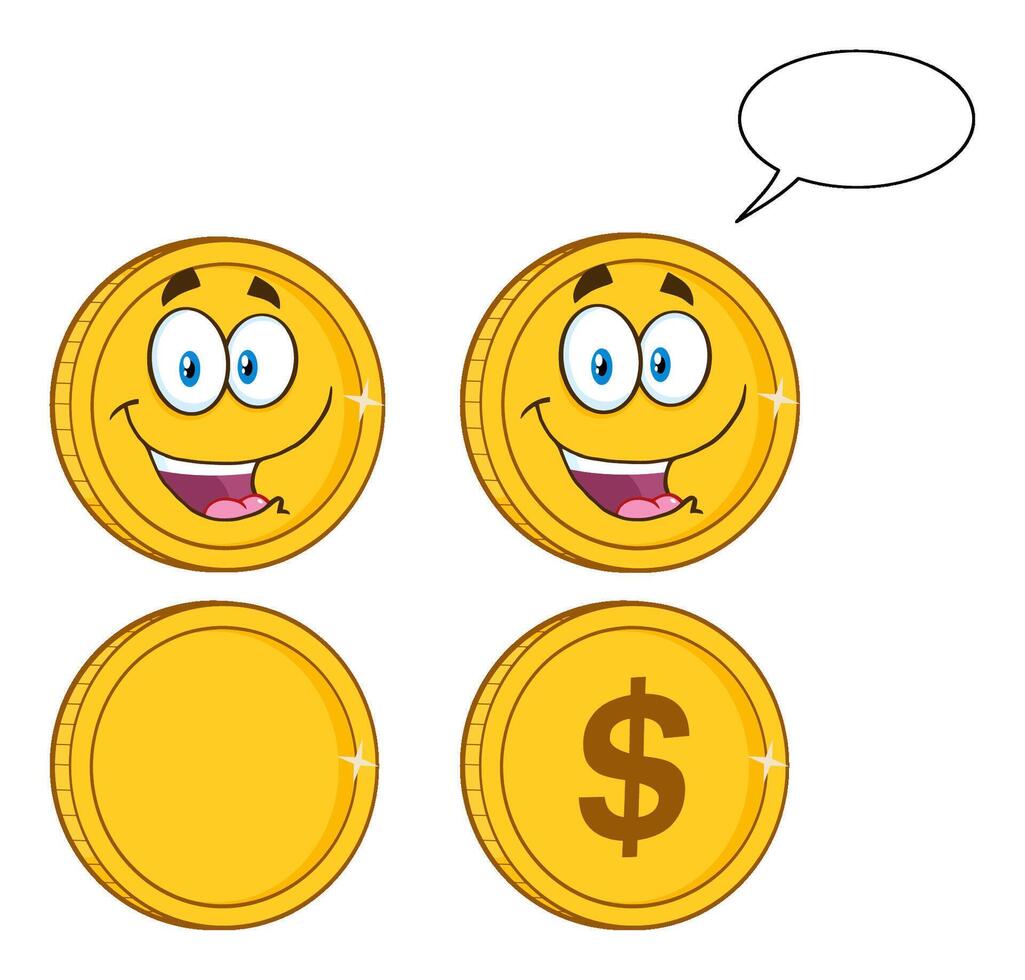 Funny Gold Coin Characters Collection With Smiling Faces And Speech Bubble vector