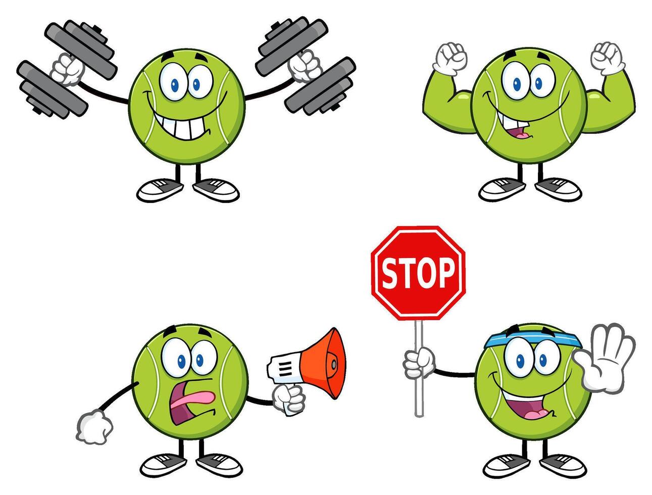Strong Tennis Ball Cartoon Mascots Lifting Weights And Holding Stop Sign vector