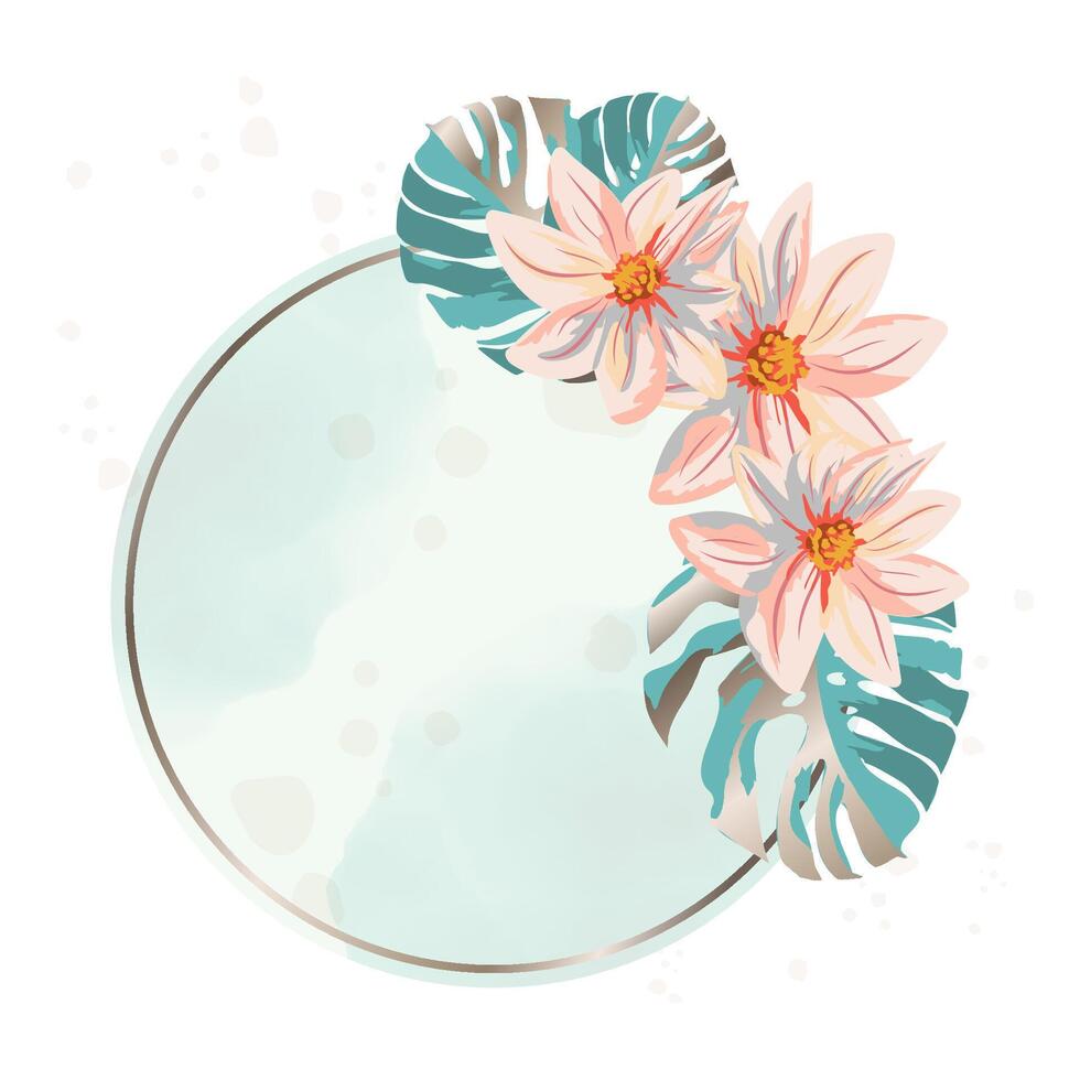 Tropical Floral Frame with Pink Exotic Flowers, Monstera Leaves, Watercolor Splashes, and Free Space for Your Text. Elegant Botanical Template for Invitations, Greeting Cards, and Wedding Designs vector