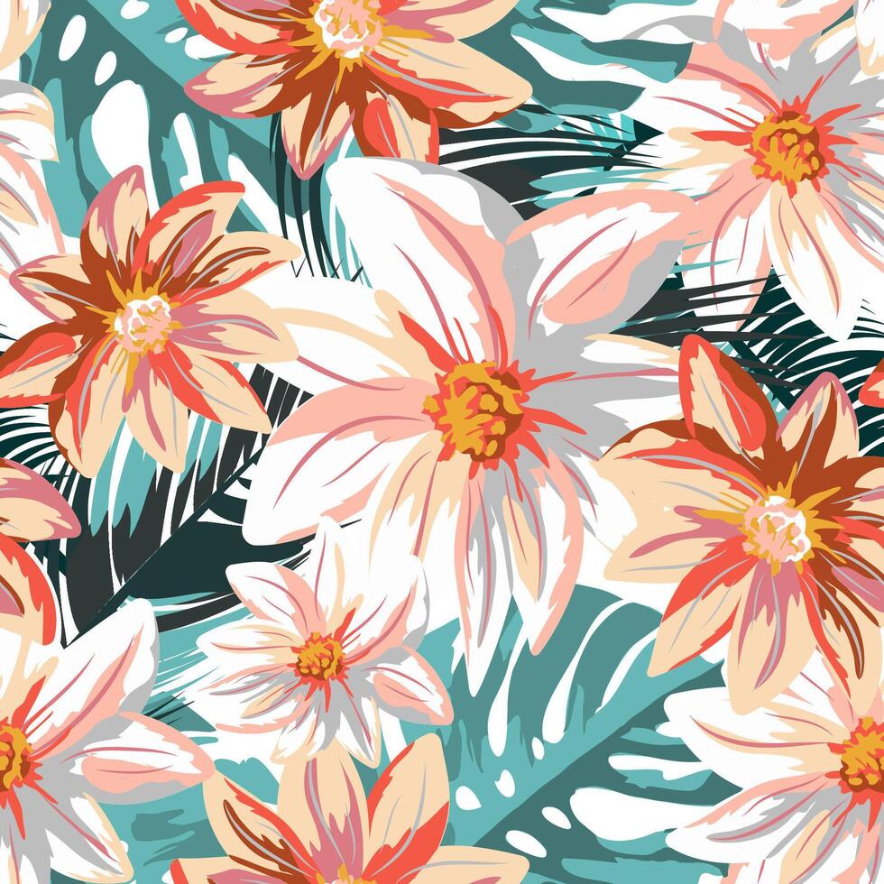 A repeat exotic floral pattern with soft pink and orange tropical flowers and green palm leaves. Artistic summer jungle design for fabric, wallpaper and textile prints. vector