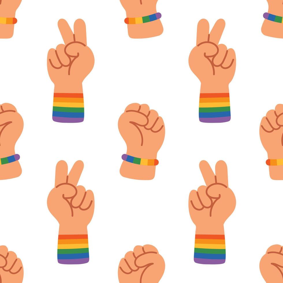 LGBT seamless pattern of hands gestures with rainbow bracelets. Fists and peace signs on white background. Unity, diversity and support for LGBTQ rights. LGBT gay pride print. vector