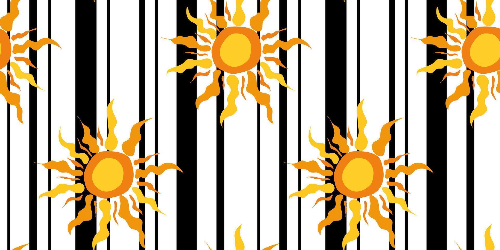 modern trendy seamless pattern of abstract art suns and black vertical lines, stylish repeating design with graphic stripes, contemporary bold texture fashion print vector