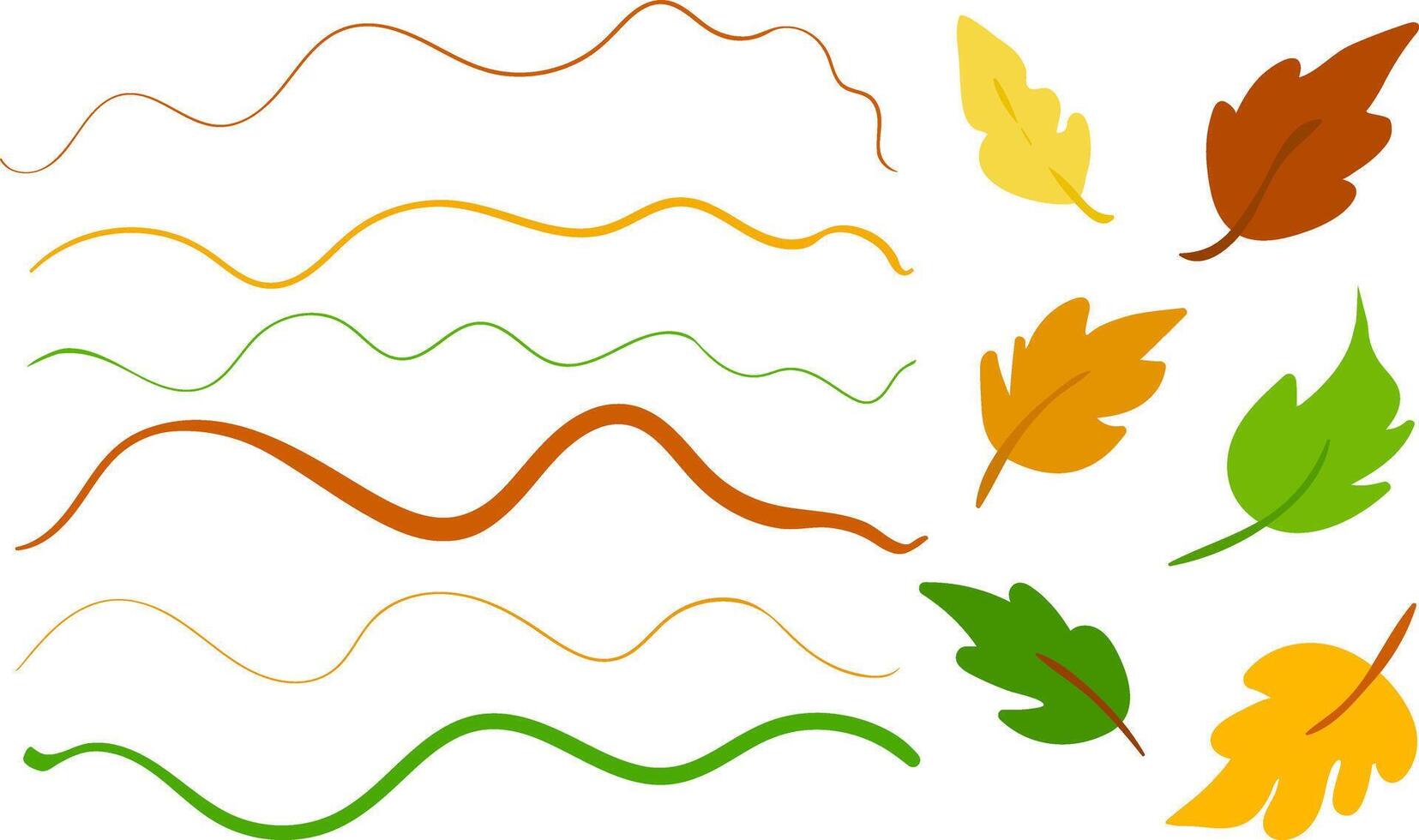 isolated elements autumn leaves and wavy lines, simple flat design fall colors, decorative set seasonal graphics, abstract foliage and flowing shapes, natural organic vector