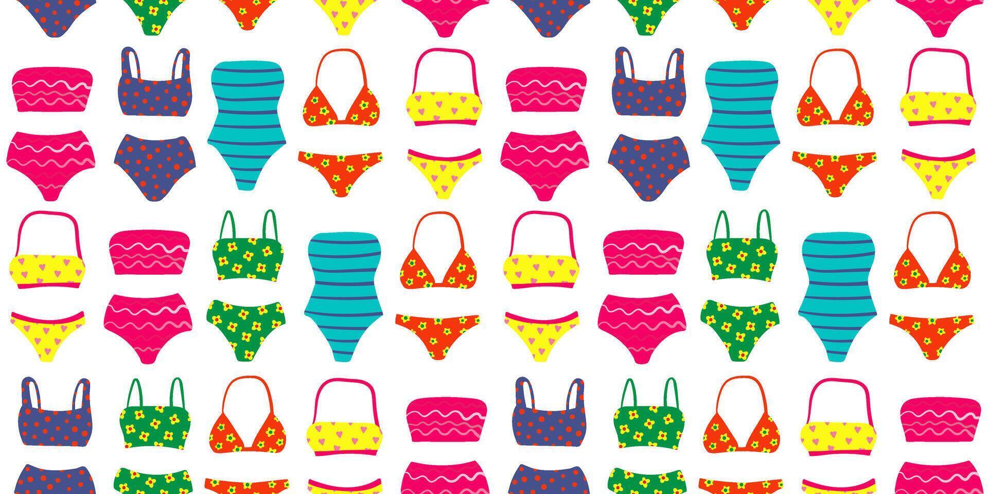seamless pattern with colorful swimsuits collection isolated on white background, cute beachwear design for summer vacation, pool party, resort, tropical holiday vector
