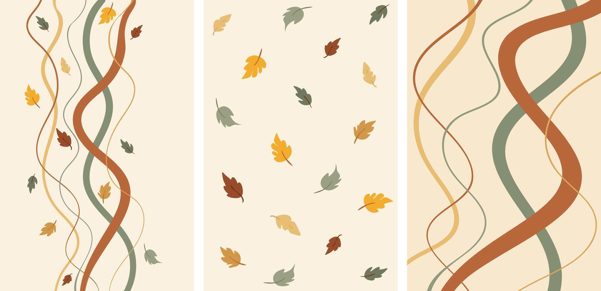 Printset of three minimalist autumn backgrounds with wavy lines and falling leaves, simple modern fall design collection in pastel colors, abstract seasonal banners vector