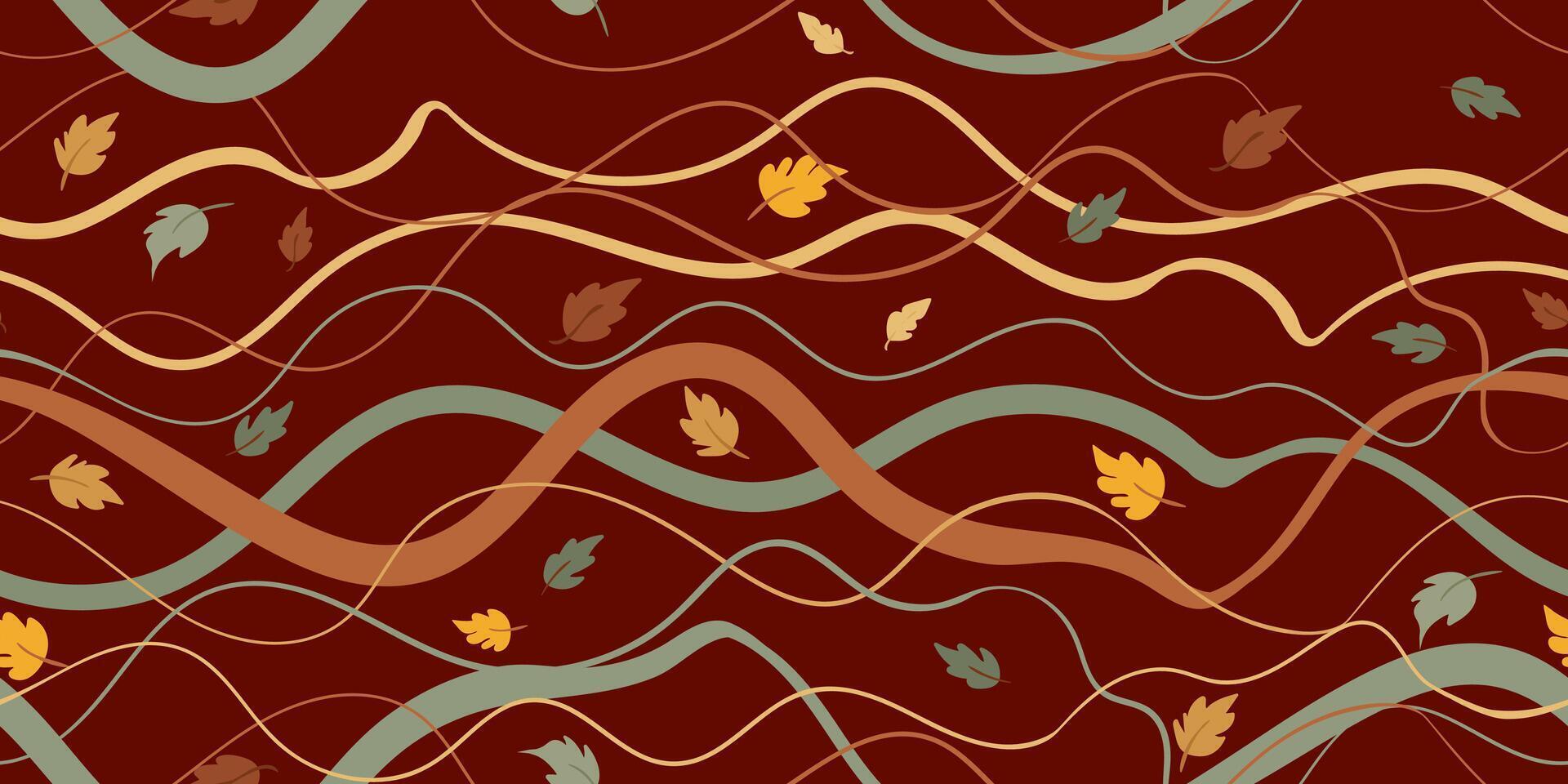 seamless pattern autumn wavy lines and falling leaves dark terracotta background, abstract fall design with flowing lines foliage, modern seasonal repeat, organic and dynamic texture vector