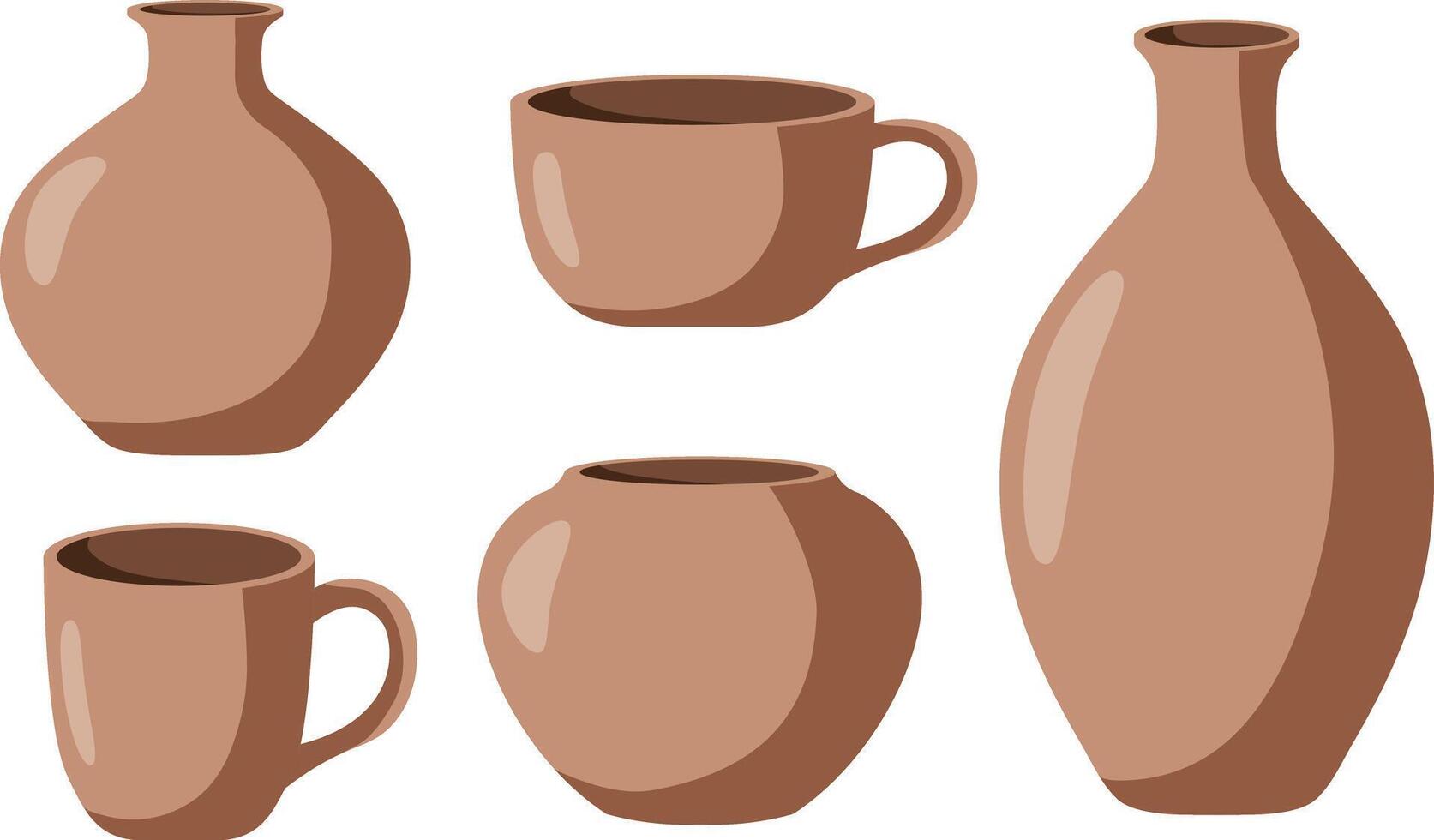 handmade clay pottery isolated set, traditional ceramic cups and vases collection in brown earthy tones, realistic earthenware design for crafts projects vector