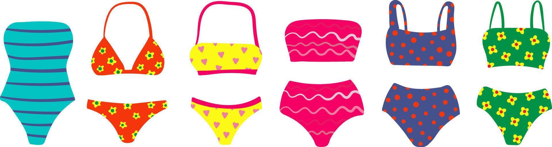 collection of colorful summer swimsuits isolated on white background, vibrant hand-drawn bikini and one-piece swimwear set, playful fashion for beachwear design vector