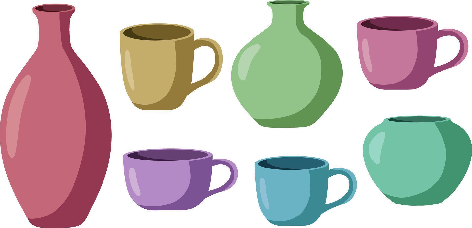 set colorful pastel ceramic clay pottery objects for crafting illustration vases mugs cups pottery workshop, handmade artistic collection isolated on white vector