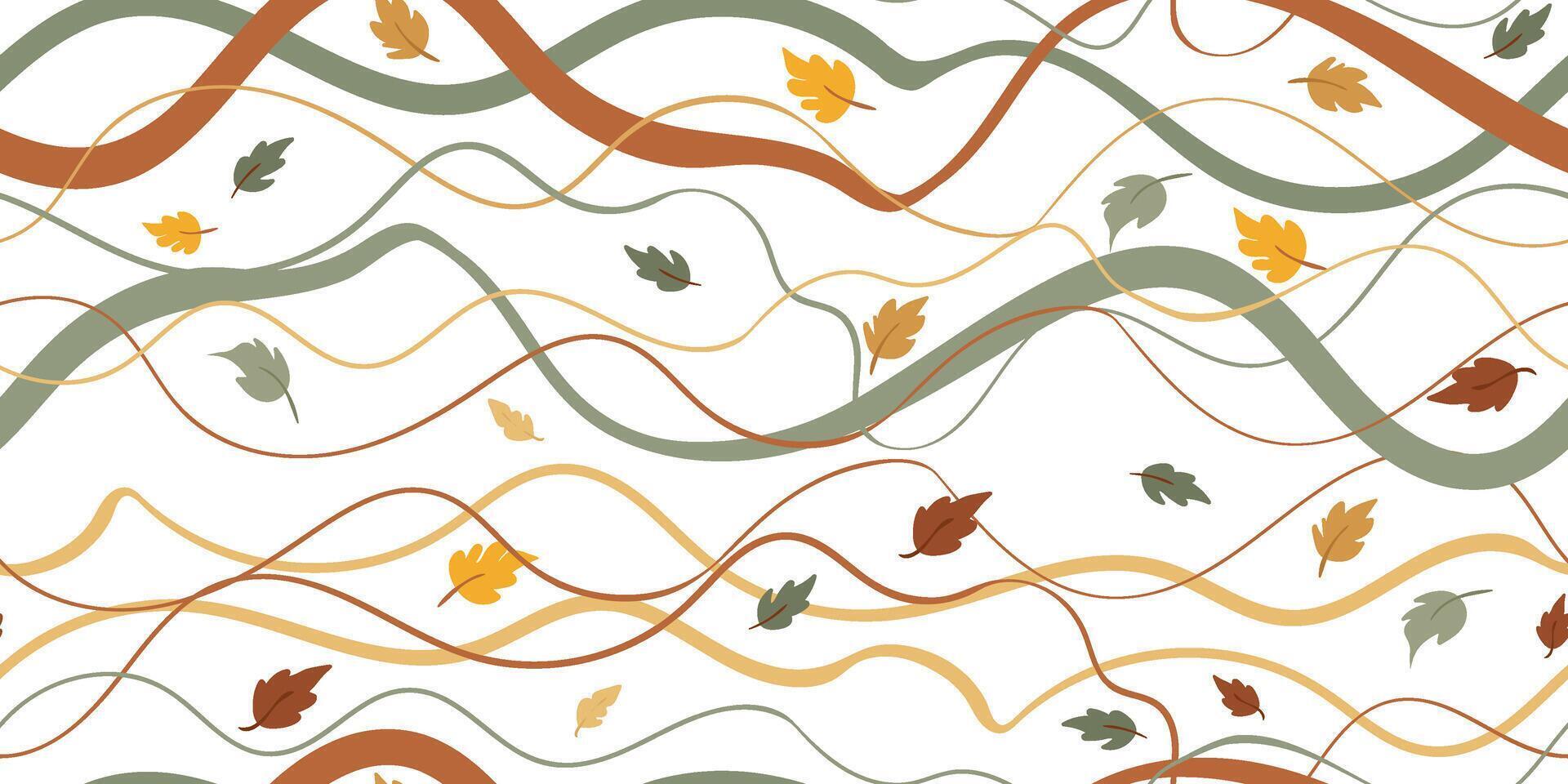seamless pattern autumn wavy lines and falling leaves white background, abstract fall design with flowing lines and foliage, modern seasonal repeat vector