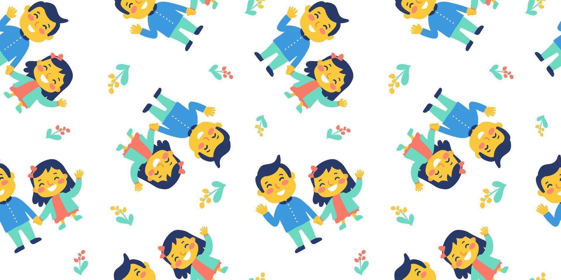 seamless pattern of father and daughter holding hands and waving with flowers, repeating cute cartoon family design for father's day, daughter's day, and family day vector