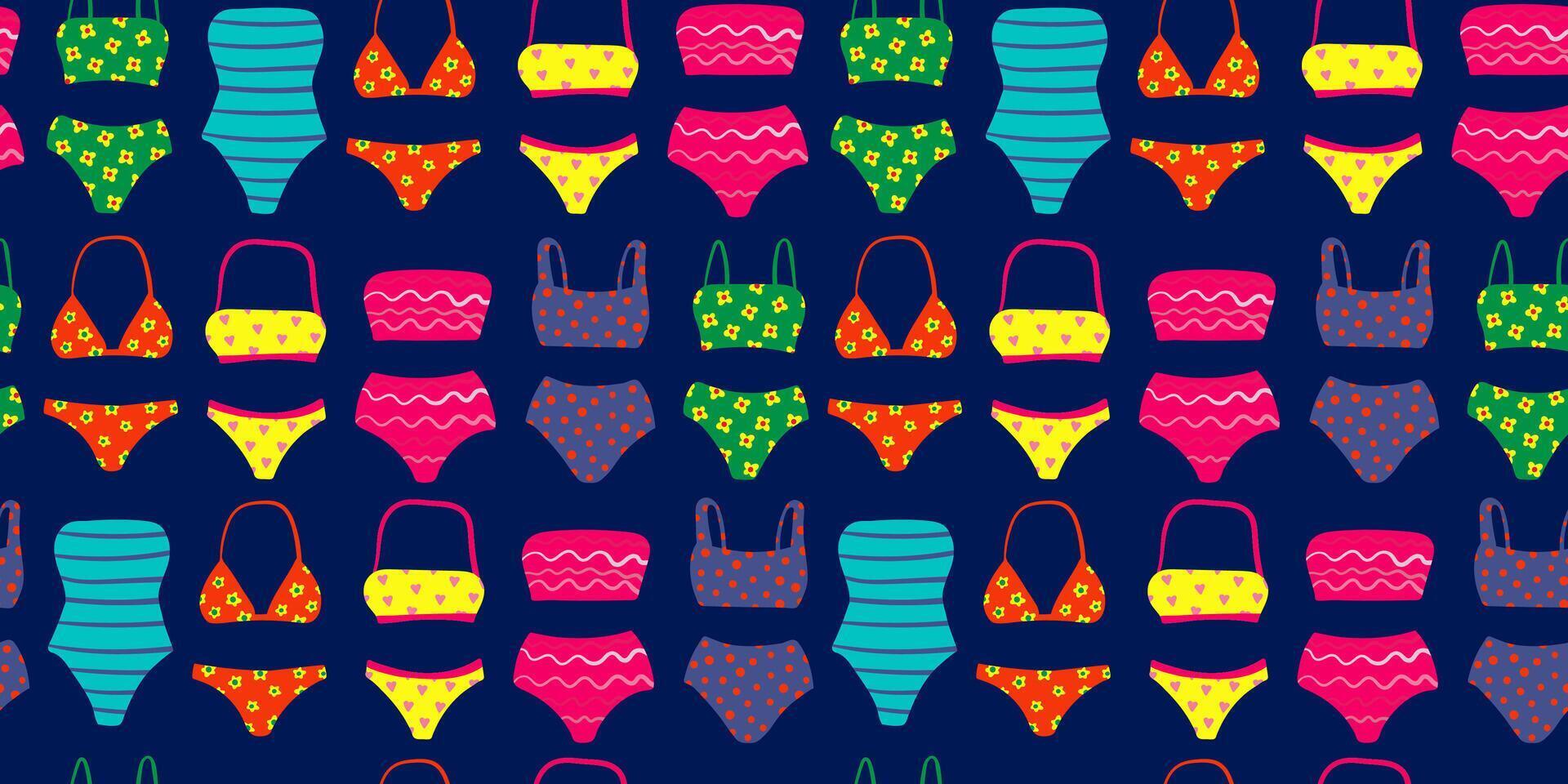 vibrant seamless pattern of colorful swimwear on dark blue background, repeating summer beachwear design, modern and playful swimsuit texture for fashion and textile vector