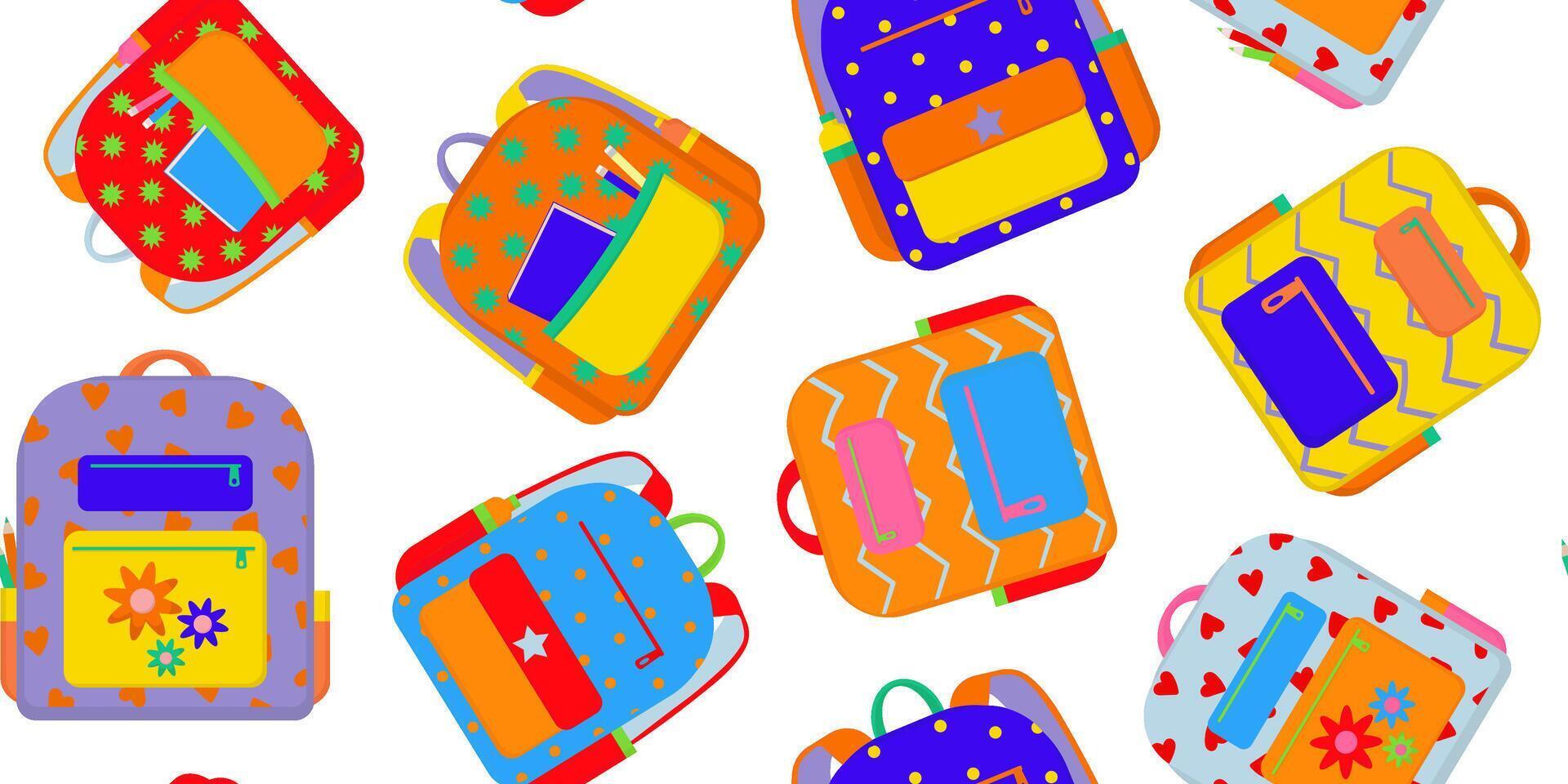 school backpacks white background seamless pattern of colorful cartoon, modern bright rucksacks, back to school students education concept, web design paper cards vector