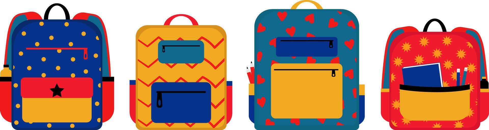 isolated set colorful school backpacks with different patterns, modern bright cartoon bags for students, back to school education concept white background vector