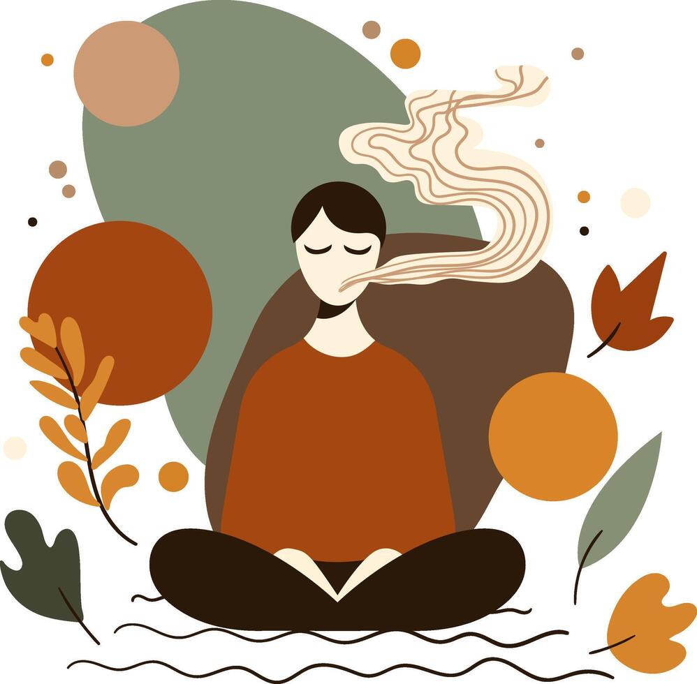 minimalist autumn meditation illustration, simple breathing practice yoga element, relaxation nature connection concept, earthy tones, abstract shapes leaves, mindful wellness design vector