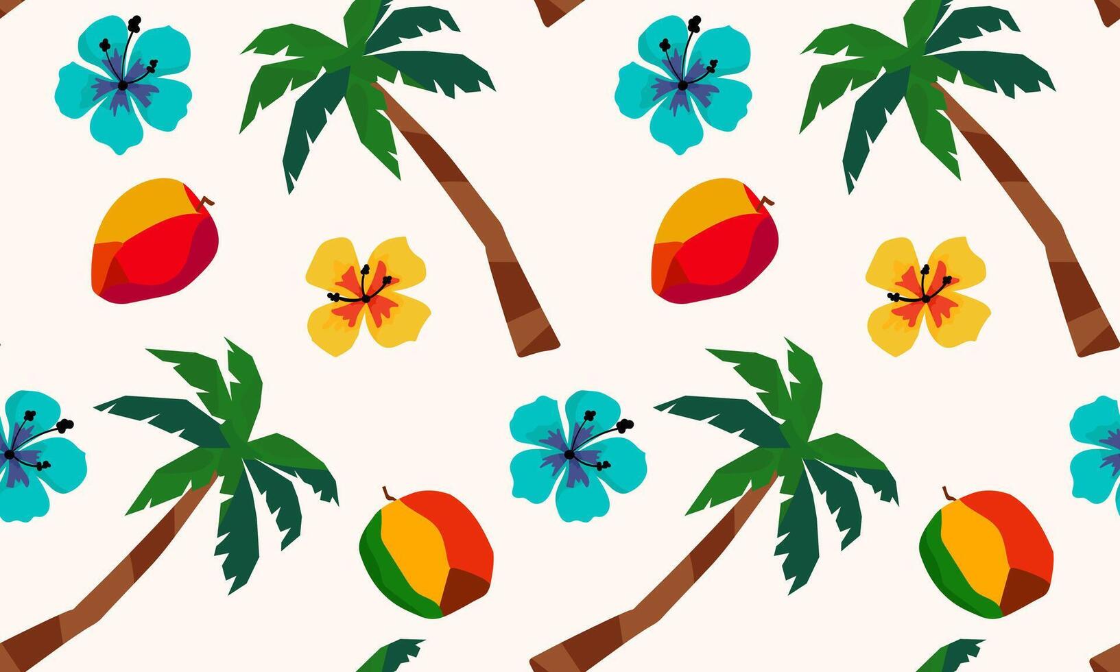 seamless tropical pattern with palm trees, mango fruits and hibiscus flowers on white background, exotic summer design for vacation, beachwear, textile, wrapping vector