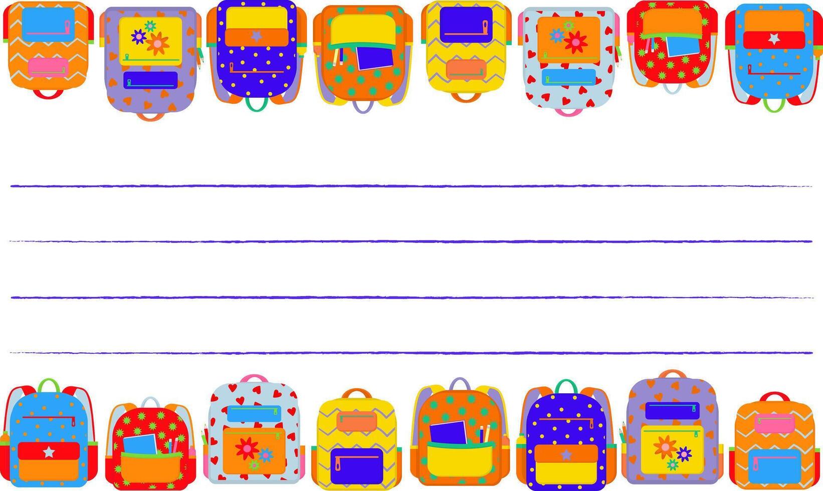 colorful frame school backpacks on top bottom borders, modern bright cartoon rucksacks students, back to school education concept, isolated white background lines cards vector