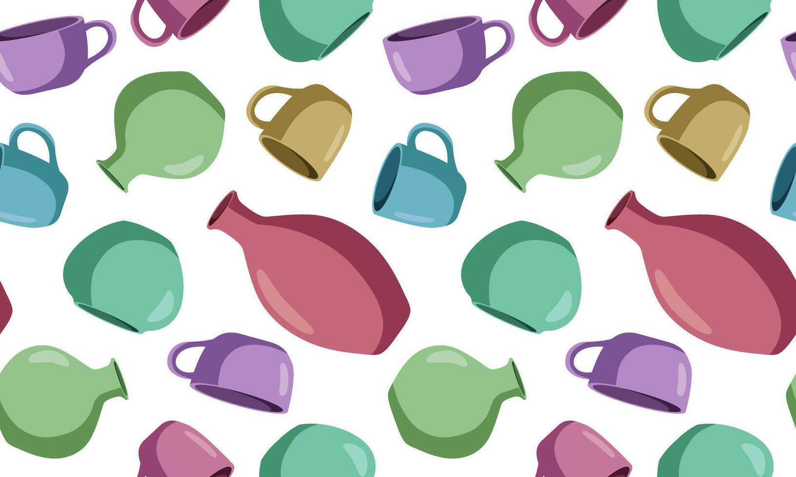colorful seamless pattern of ceramic pottery elements, bright clay cups and vases on white background, handmade artistic kitchenware design for fabric or decor vector