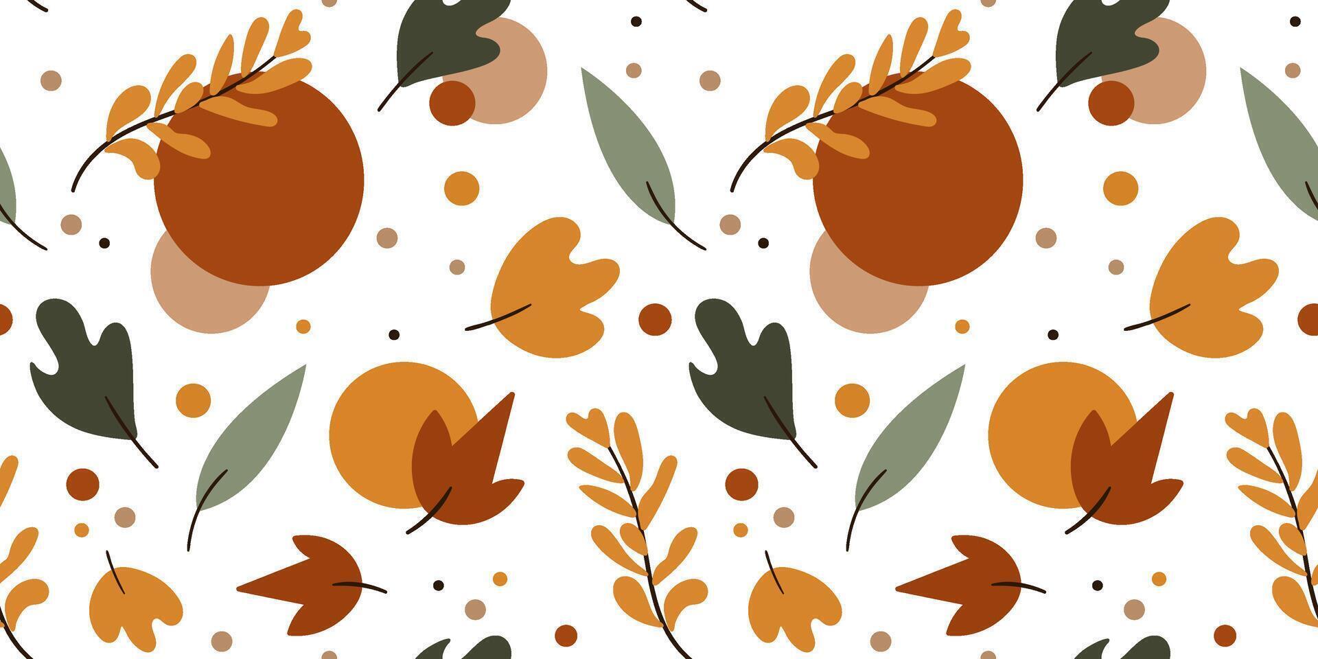 modern seamless autumn minimalist pattern with leaves circles branches and polka dots stylish fall foliage background for textile wrapping paper and creative designs simple elegant repeat vector