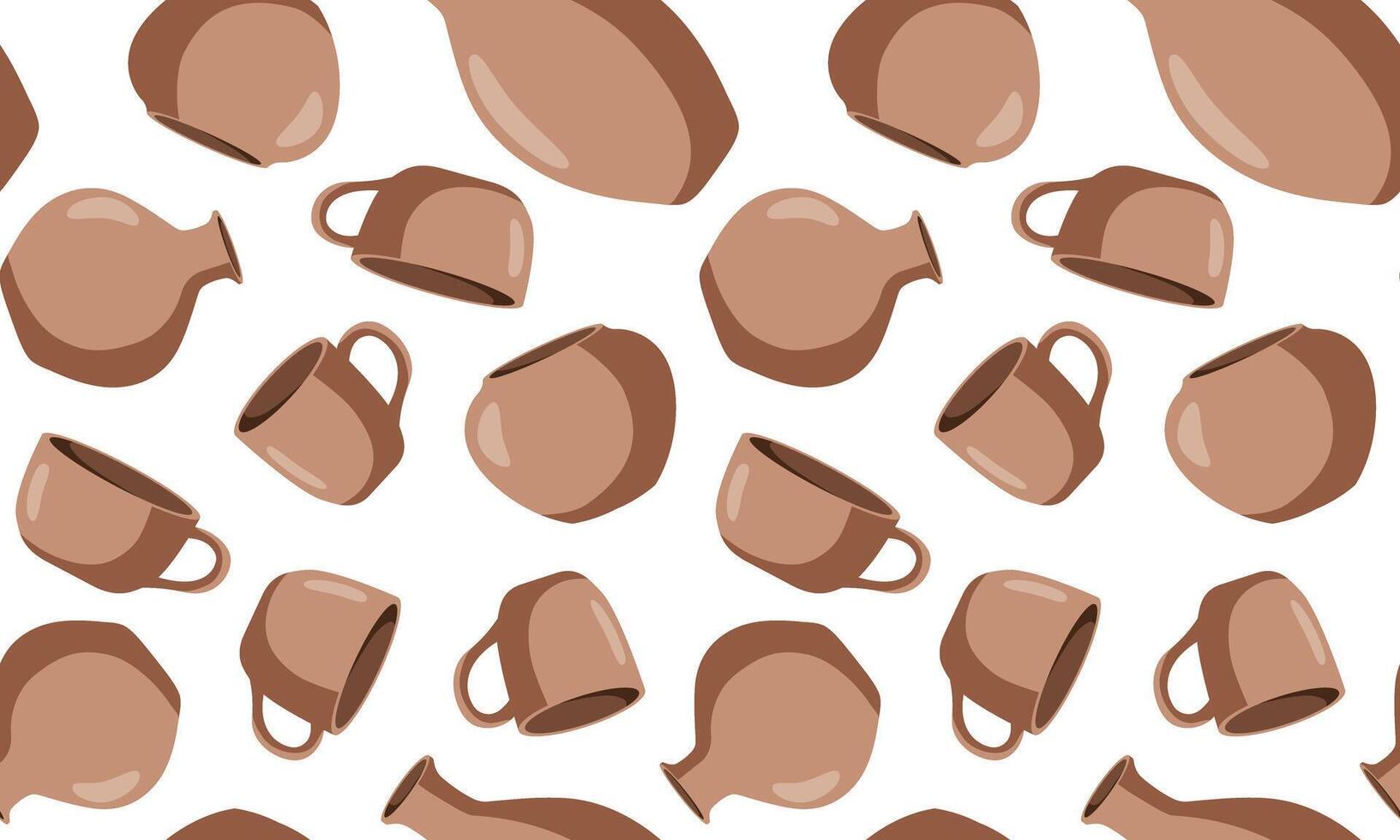 seamless pattern of terracotta pottery on white background, repeating design with jugs and mugs, rustic ceramic texture pottery workshop backgrounds textile vector