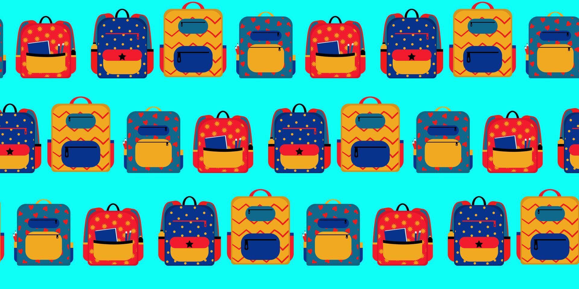 seamless pattern of colorful school backpacks on bright blue background, modern painted backpacks back to school, September 1, education, web design, textile, print vector
