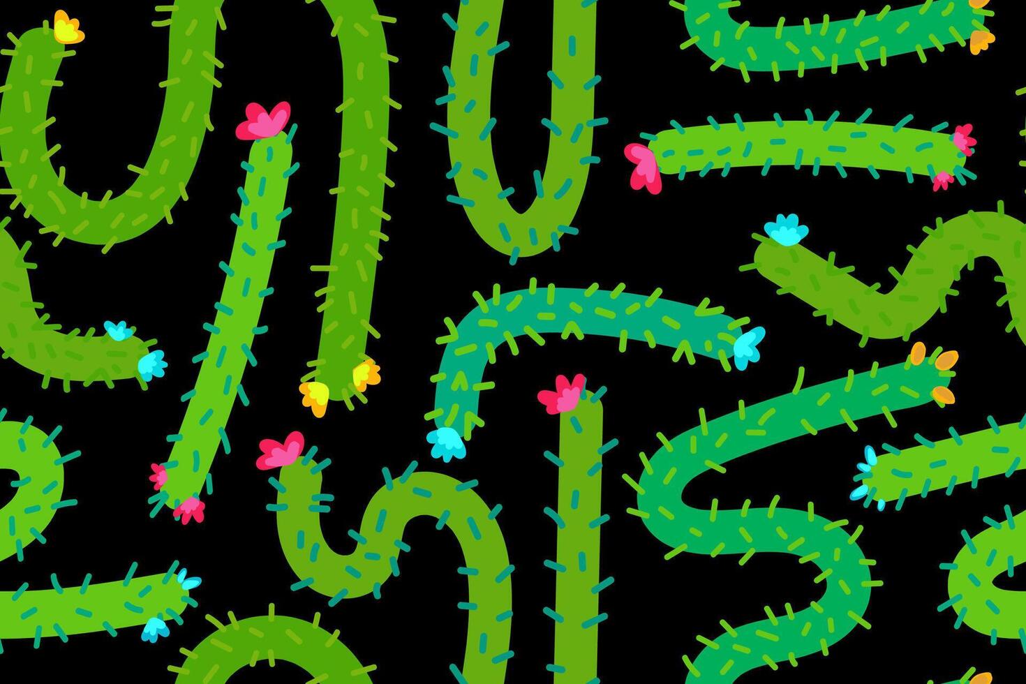 seamless pattern with colorful mexican cacti and flowers on black background, cartoon desert cactus texture for cinco de mayo party, textile, wrapping, kids design vector