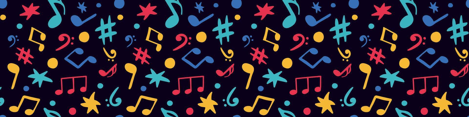 seamless music notes pattern on black background, colorful cartoon melody and rhythm symbols for party invitation, night concert, wrapping paper or kids design vector