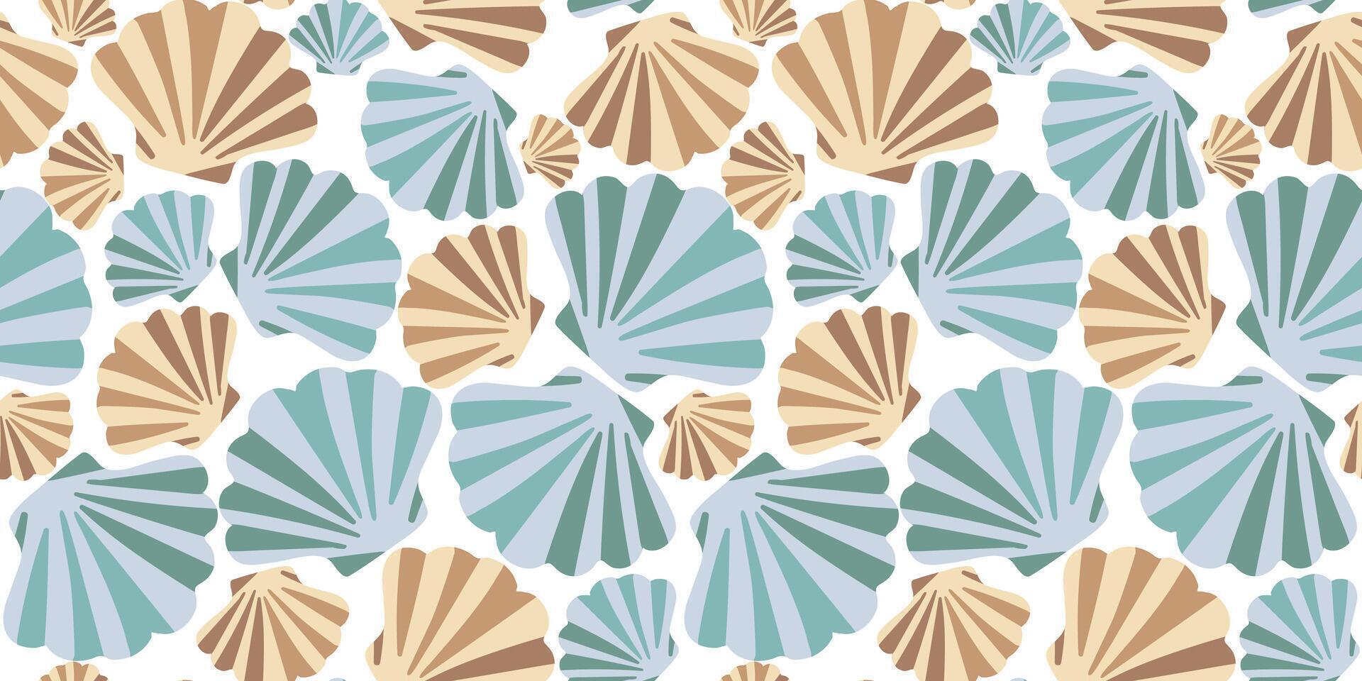 seamless pattern of stylized scallop seashells white background, repeating underwater ocean design, elegant and nautical texture for textile print, marine life summer vector