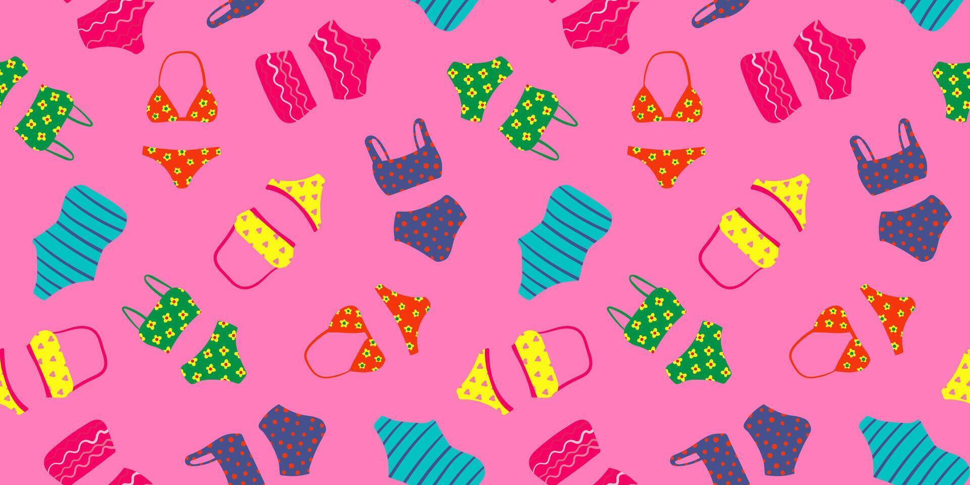 seamless pattern with colorful swimsuits on bright pink background, summer beachwear collection, playful vacation style for pool party, resort, tropical holiday vector