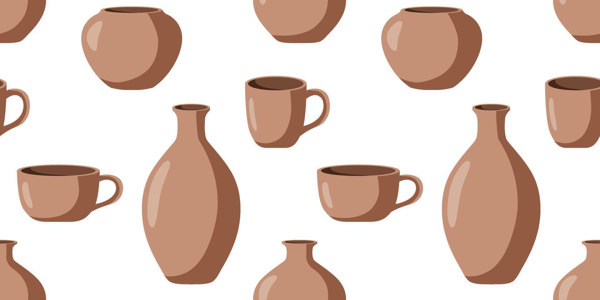 seamless pattern pastel terracotta pottery repeating design vases cups mugs, eco-style handmade ceramic texture print and textile white background vector