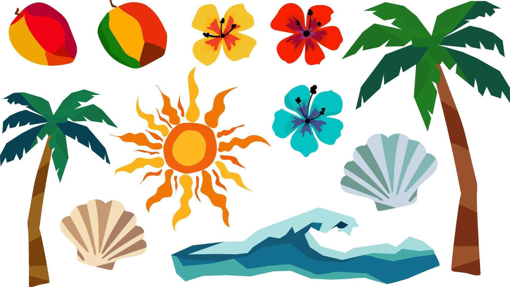 summer tropical isolated set with palm trees, sun, mango fruits, hibiscus flowers, sea shells, ocean wave, bright colorful elements for vacation design vector