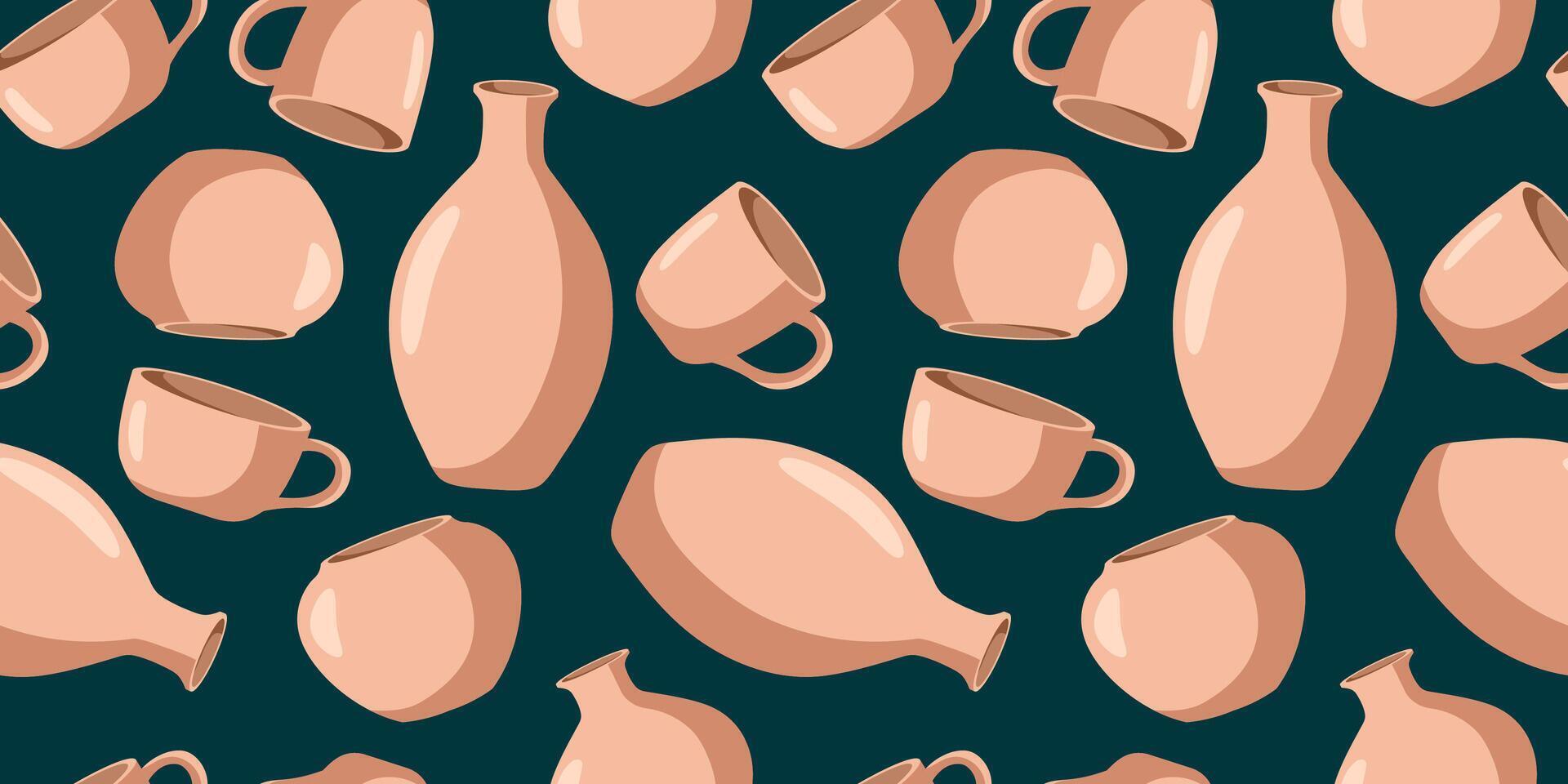 seamless pattern of pastel terracotta pottery on dark teal background, repeating design with vases and mugs, rustic handmade ceramic texture for print and textile vector