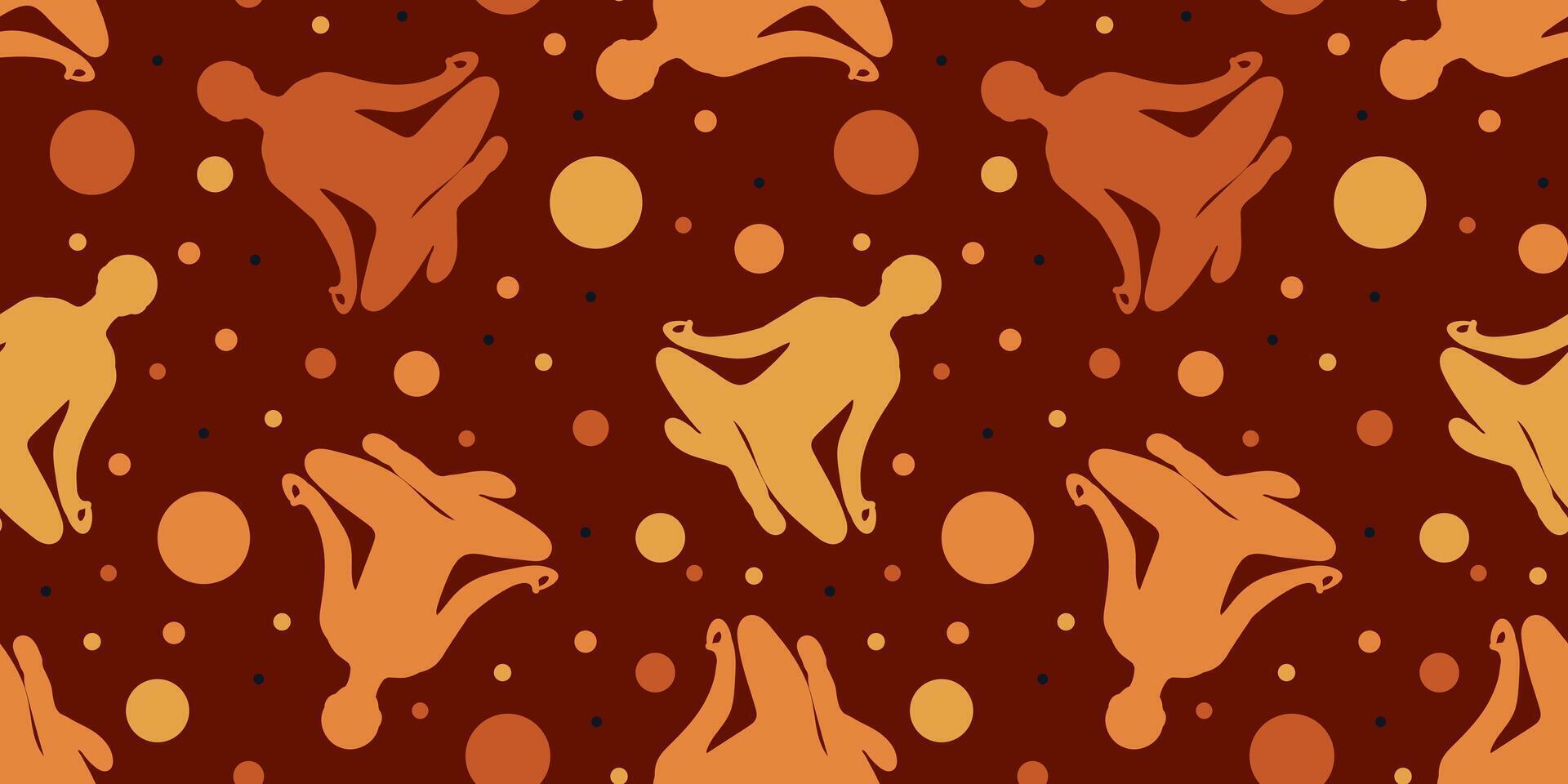 simple modern seamless pattern yoga poses polka dots terracotta background, minimalist relaxation exercise repeat design circles wellness texture, earthy tones vector