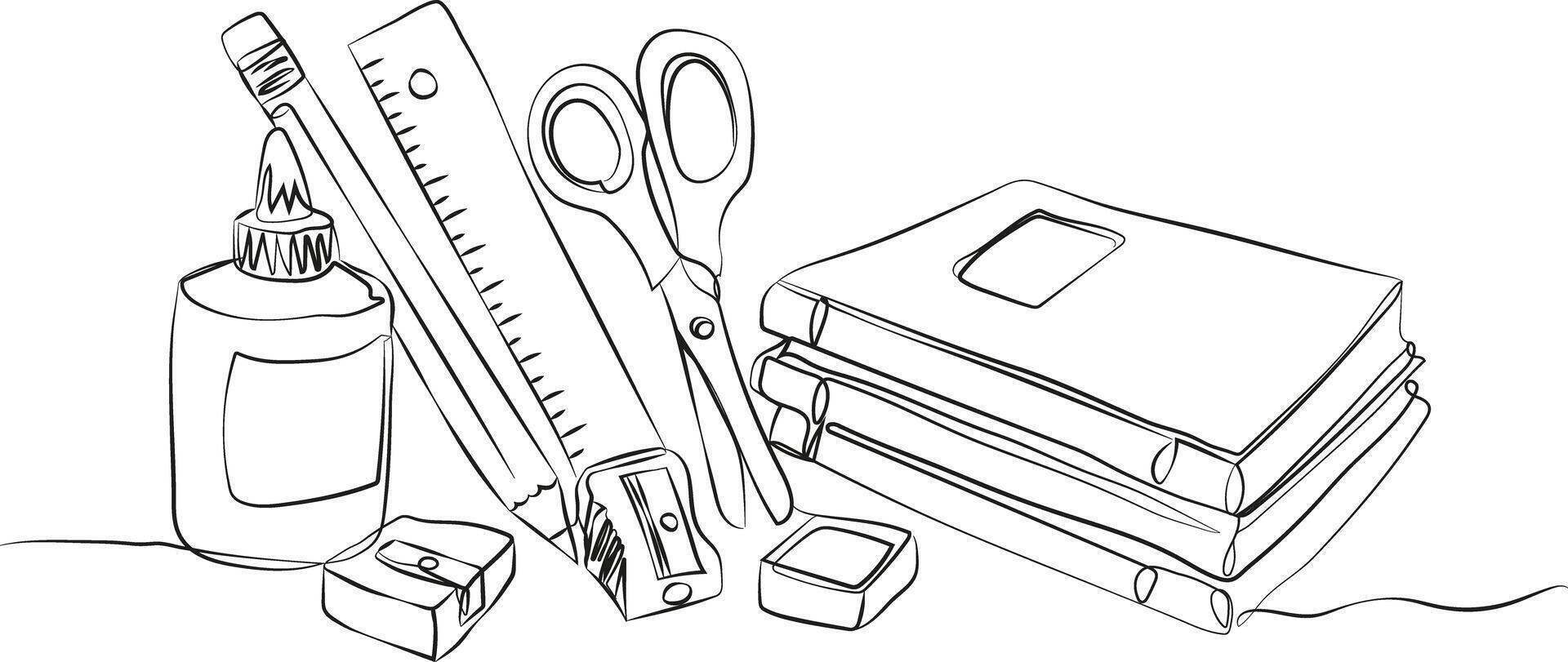 minimalist one-line illustration school supplies books ruler scissors glue erasers sharpener, simple continuous line drawing for back to school concept, isolated design vector