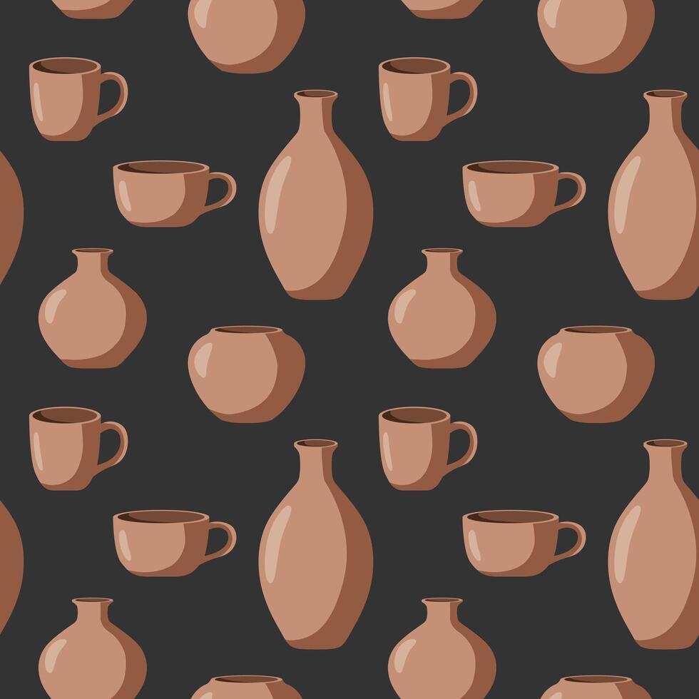 seamless pattern of terracotta pottery dark gray background, repeating design with vases, mugs pots, rustic and handmade ceramic texture print textile vector