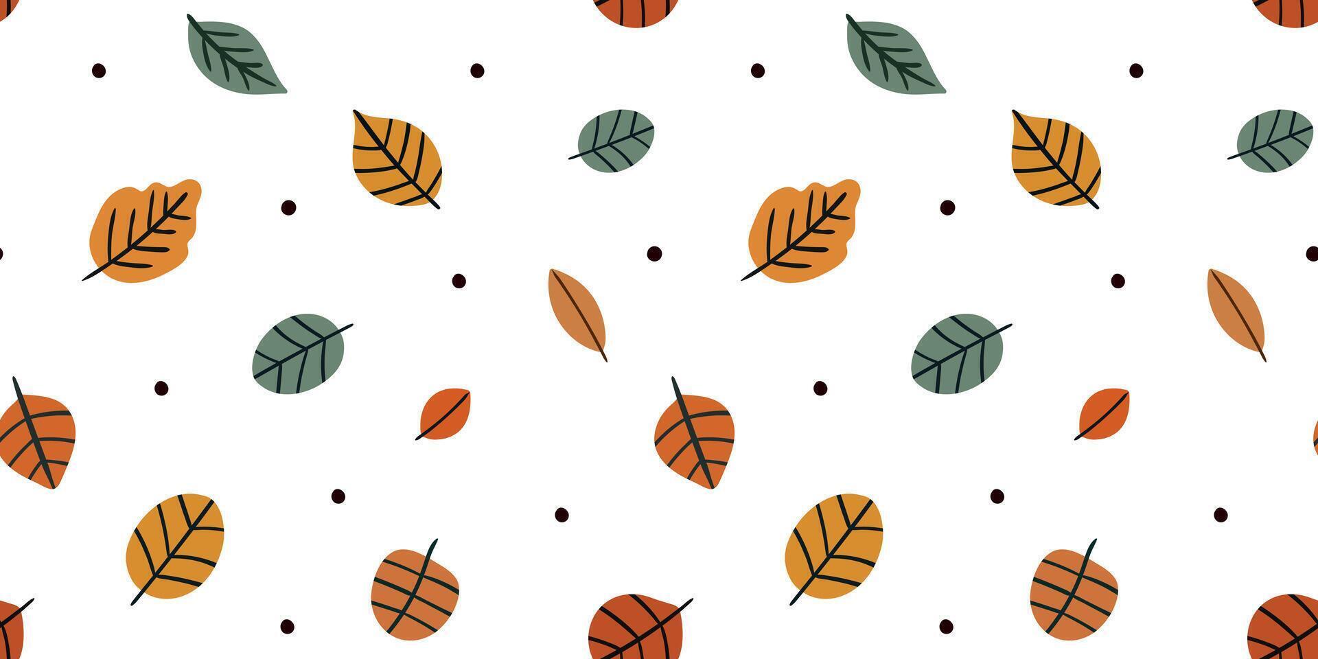 seamless pattern bright autumn leaves black polka dots on white background, modern simple fall design repeat, clean and cheerful autumn backdrop vector