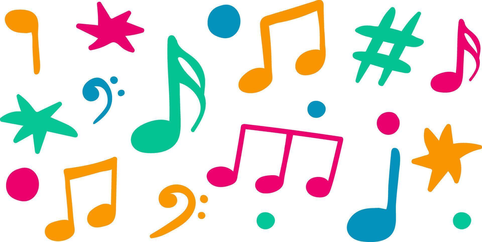 colorful hand-drawn music notes and symbols isolated on white background, modern musical elements for creative design, education, posters and print vector