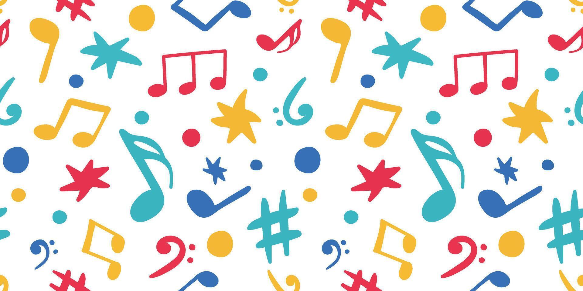 seamless colorful music notes pattern on white background, vibrant cartoon melody and rhythm design for kids party decoration, wrapping paper or fabric vector