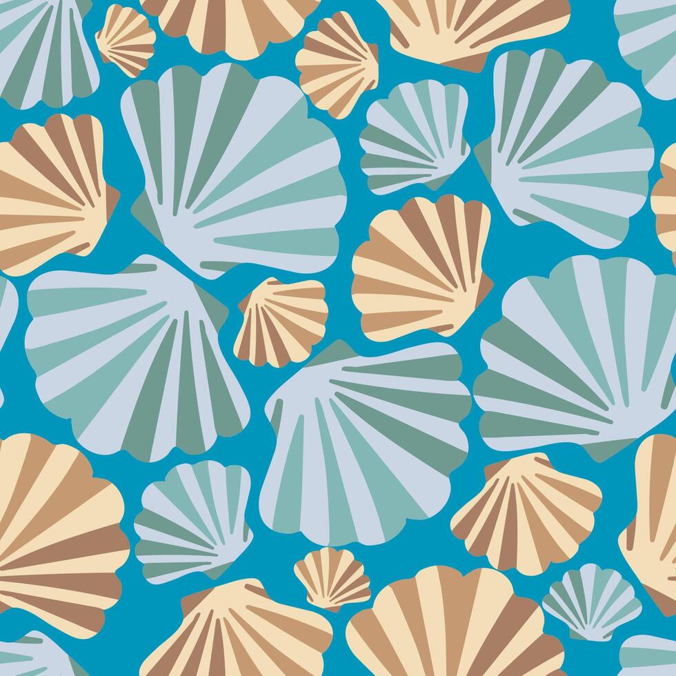 seamless pattern of colorful scallop seashells on bright blue background, repeating underwater ocean design, elegant nautical texture textile and print, marine life vector