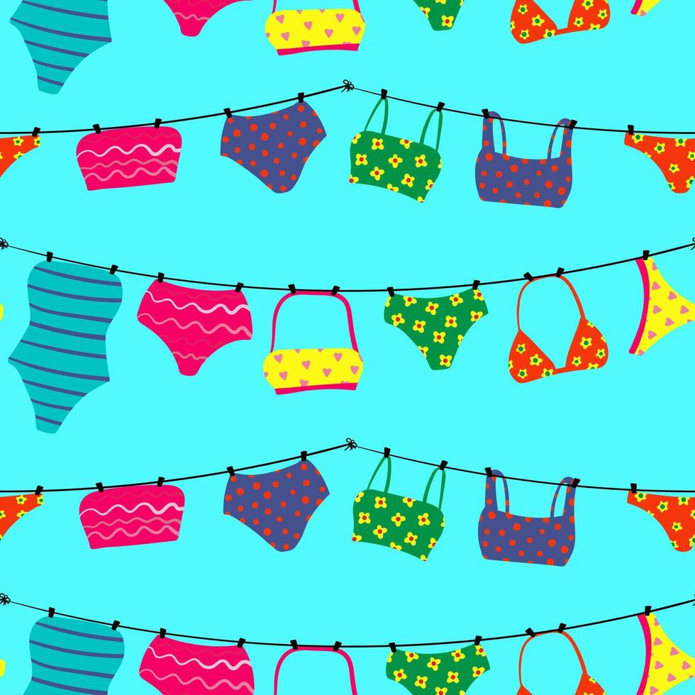 seamless pattern of colorful swimwear hanging on clotheslines light blue background, playful summer beachwear design, fun vibrant swimsuit texture fashion textile vector