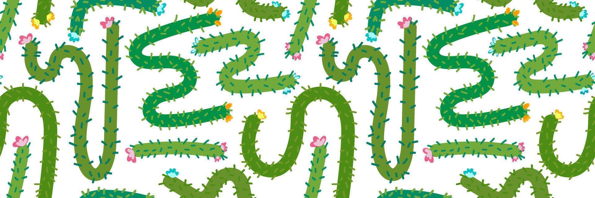 seamless white background pattern with cartoon mexican cacti and colorful flowers, cute vibrant kids summer design for cinco de mayo, wrapping, textile vector