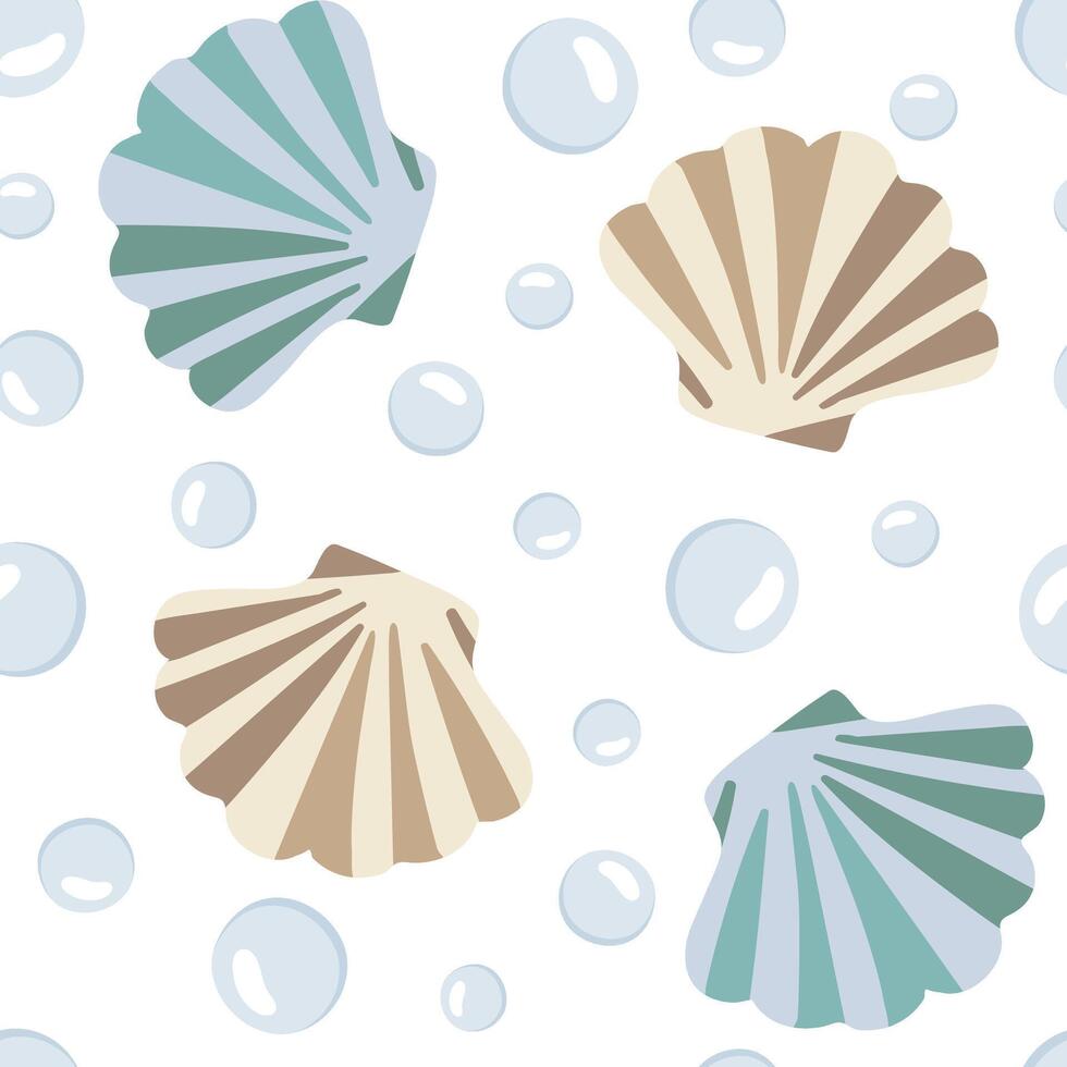 seamless pattern scallops bubbles pearl shells, white background repeating underwater ocean design, elegant and marine texture for textile print, sea creatures vector