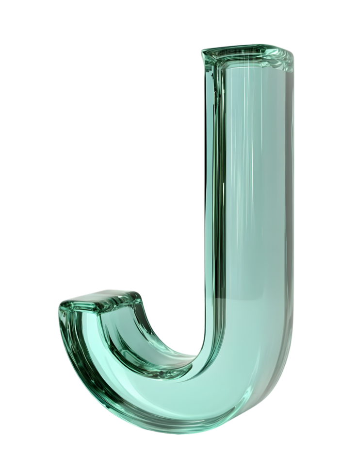 A translucent emerald green glass letter J its smooth, sculpted edges catching the light. Its minimalist design exudes a sense of modern elegance. isolated on transparent background png