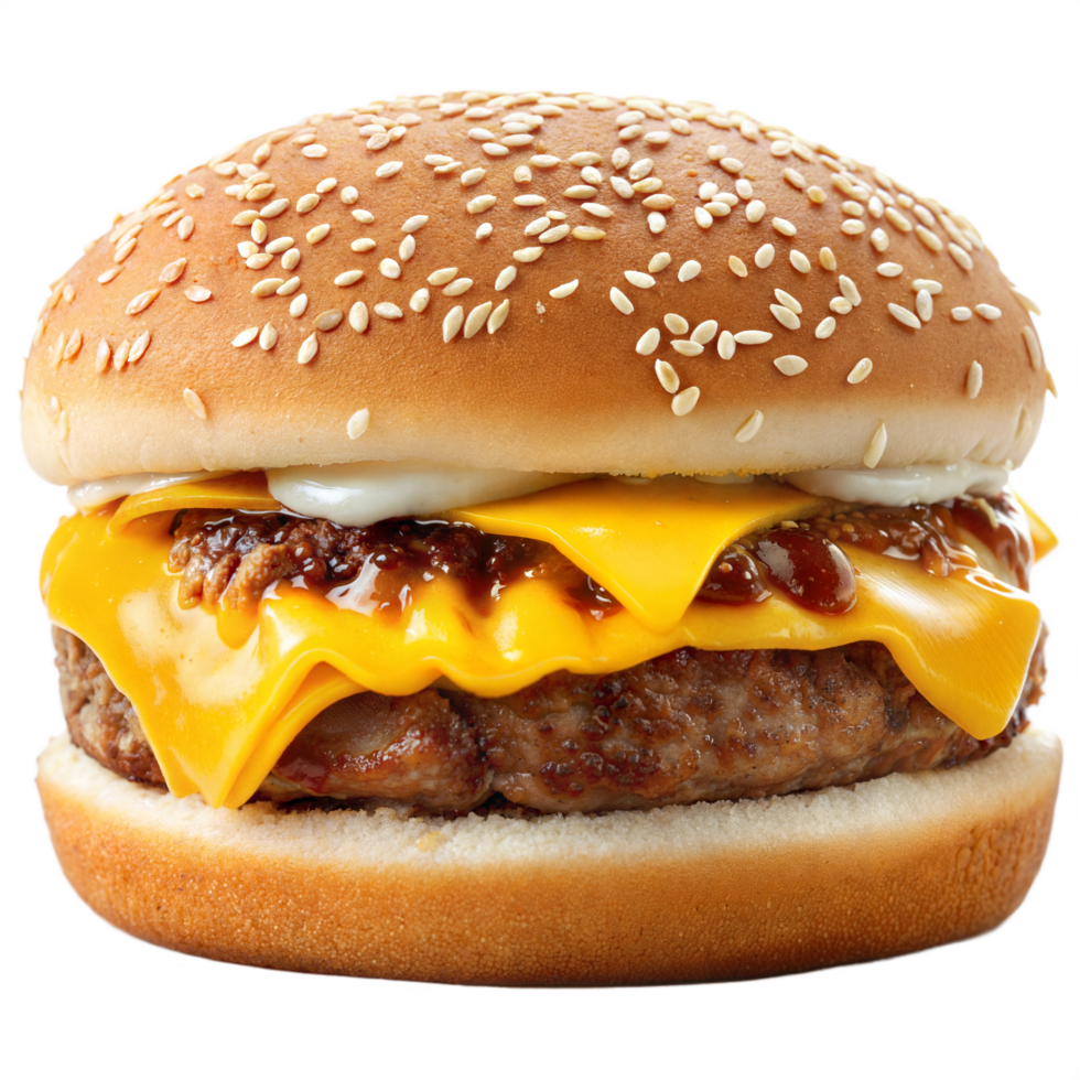 A hamburger with cheese and meat on a bun png