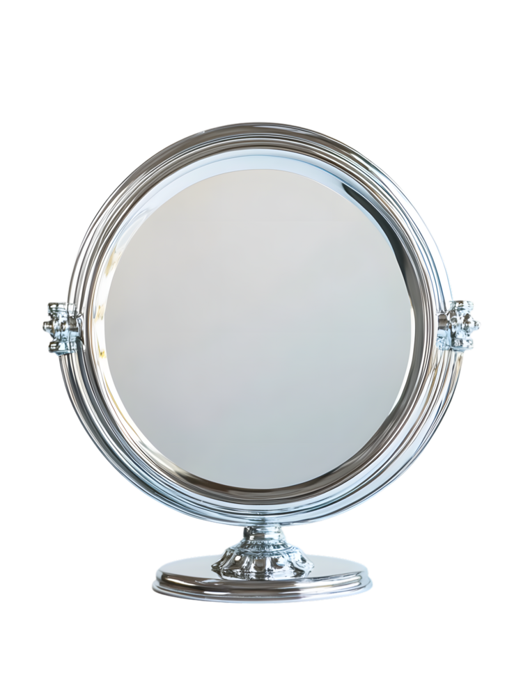 A sleek and stylish chrome vanity mirror with a round shape and an adjustable base for optimal viewing. The elegant design features intricate details and polished finish. png
